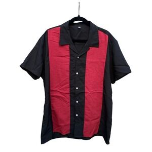 Coofandy Mens XL Bowling Shirt Black Red Retro Vertical Stripe Camp Button Down